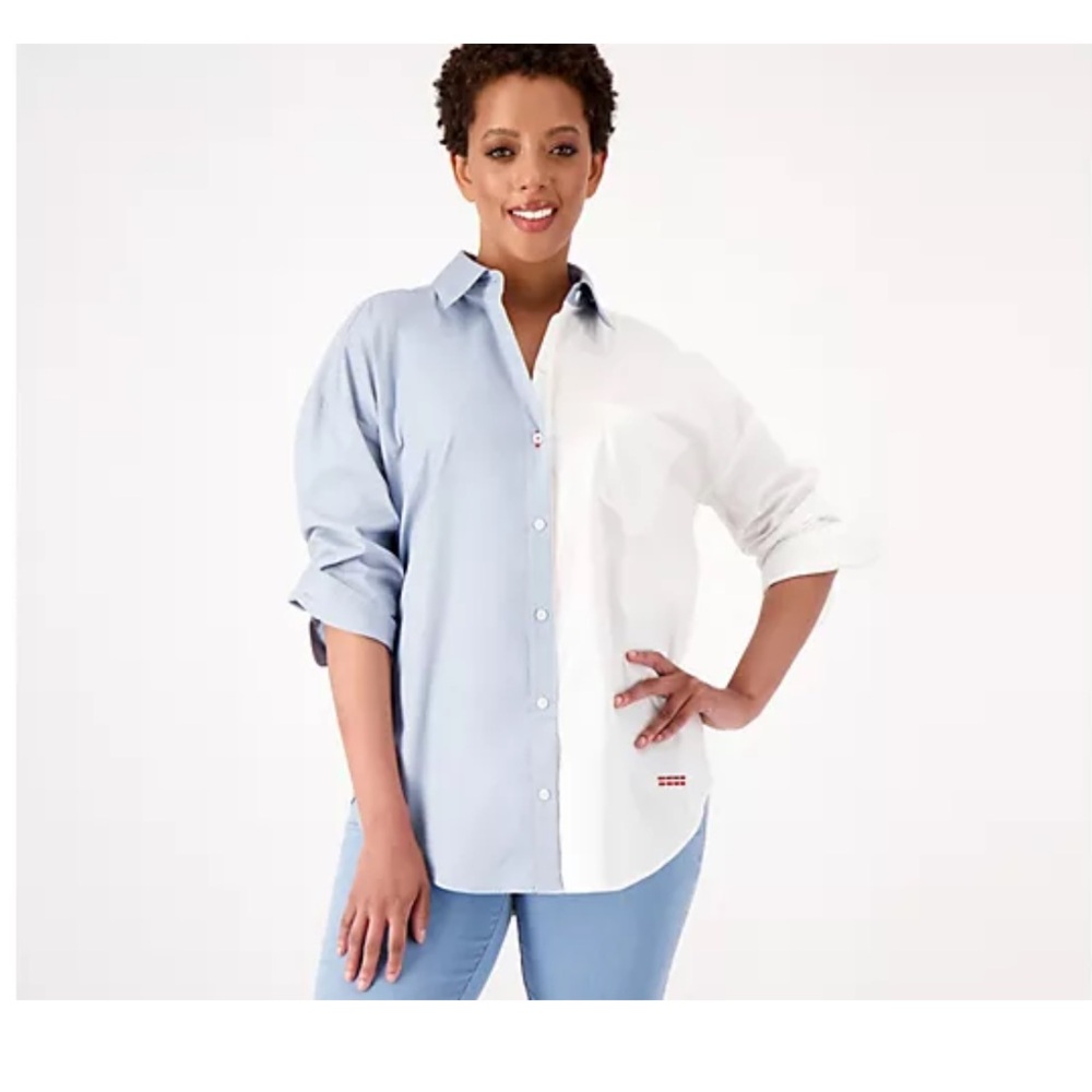 Peace Love World_Two-Tone Boyfriend Button-Front Shirt 3X